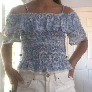 Frilly blue and white tight top